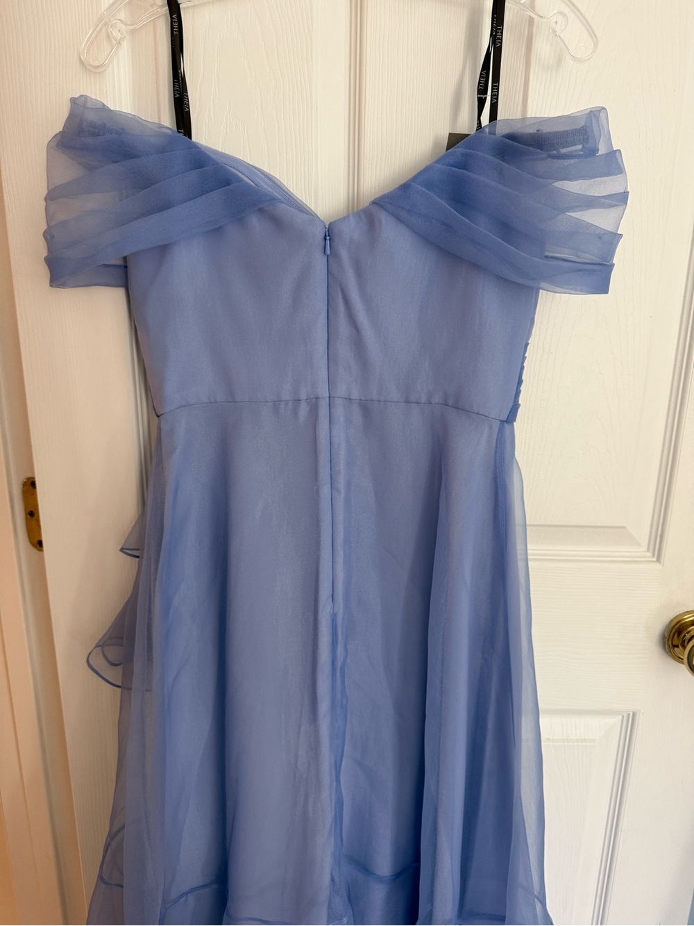 Theia Couture Lavender Blue Off-Shoulder Ruffled Cocktail Midi Dress - Picture 4 of 4